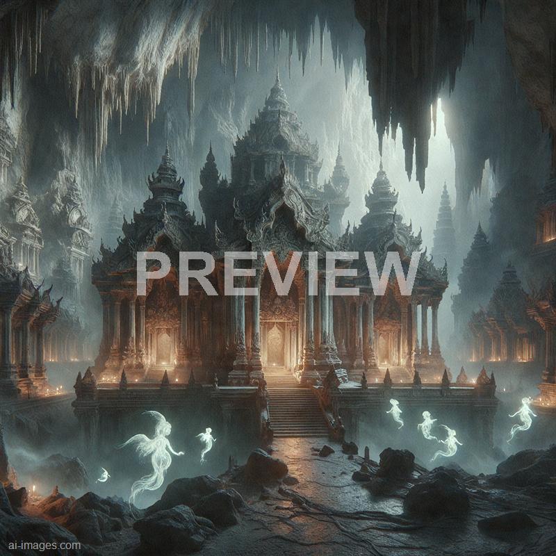 The image depicts an elaborate, ancient palace or temple situated inside a vast, dark cave. The structure features multiple tiers with ornate, pointed rooftops and intricate carvings, illuminated by a warm, golden glow emanating from within. Surrounding the steps leading up to the entrance are mystical, glowing ghostly figures floating above the rocky ground, adding an ethereal and mysterious atmosphere to the scene. Stalactites hang from the ceiling, emphasizing the cavernous setting.